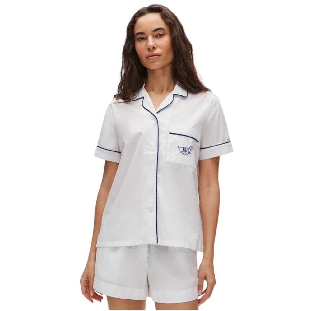 NWT J. Crew Short-Sleeve "Dog Mom" Pajama Short Set End-On-End Cotton White XS